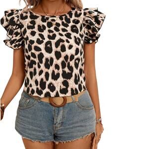 Tan And Brown  Leopard Print Layered Ruffled Short Sleeve Top New S, M. L